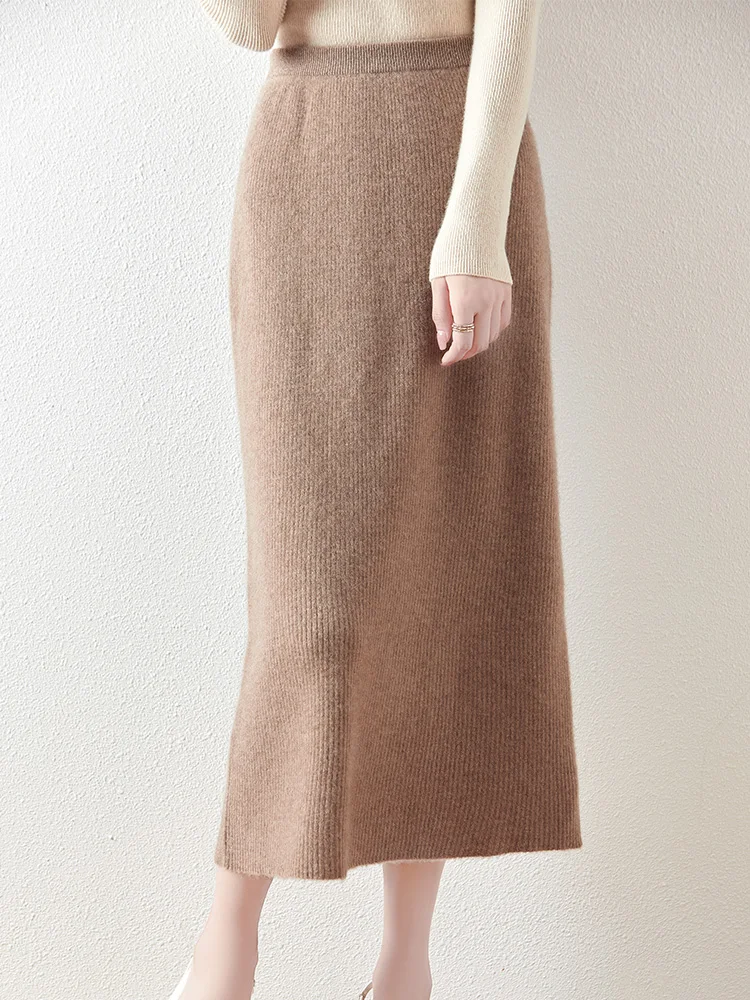 100% Merino Wool Knitted Half Skirt Autumn Winter Women's Elegant A-line Skirt High Waisted Mid Length Slimming Thick Warm Dress