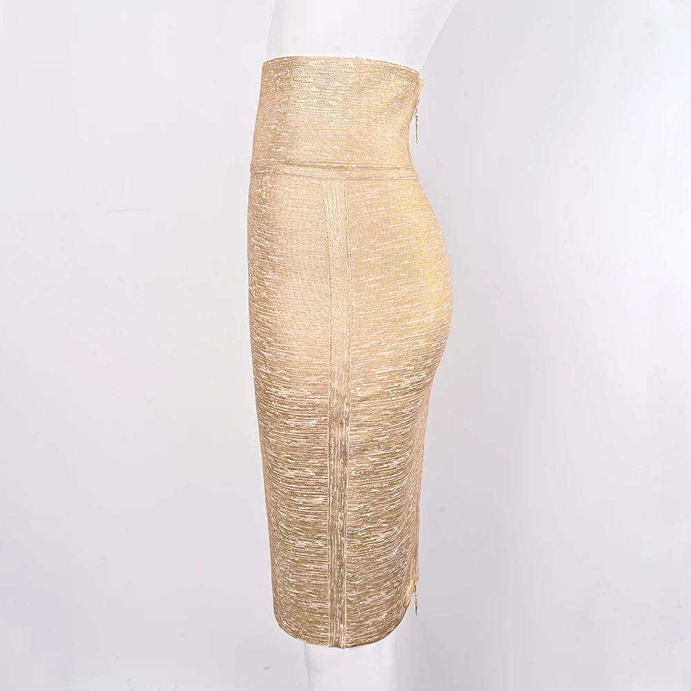 BEAUKEY Sexy Metallic Black Bandage Skirt Midi For Women Party Club Pencil Skirt Slim Gold Lady Bodycon Celebrity XL
