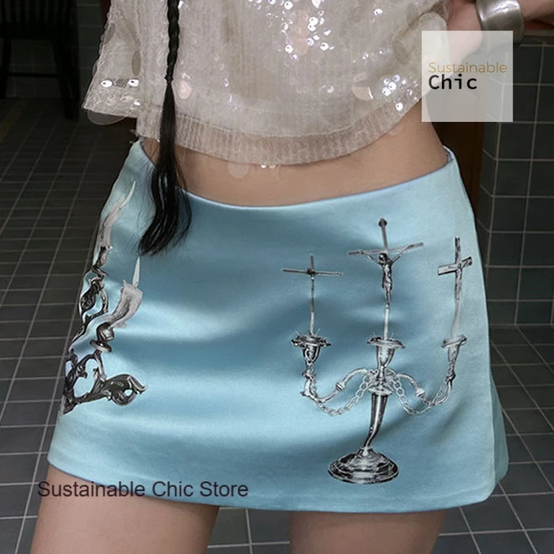 French Fashion Pearl Blue Candlestick Printing Spice Girl Niche High Sense A Word Skirt Female Summer New Temperament Skirt.