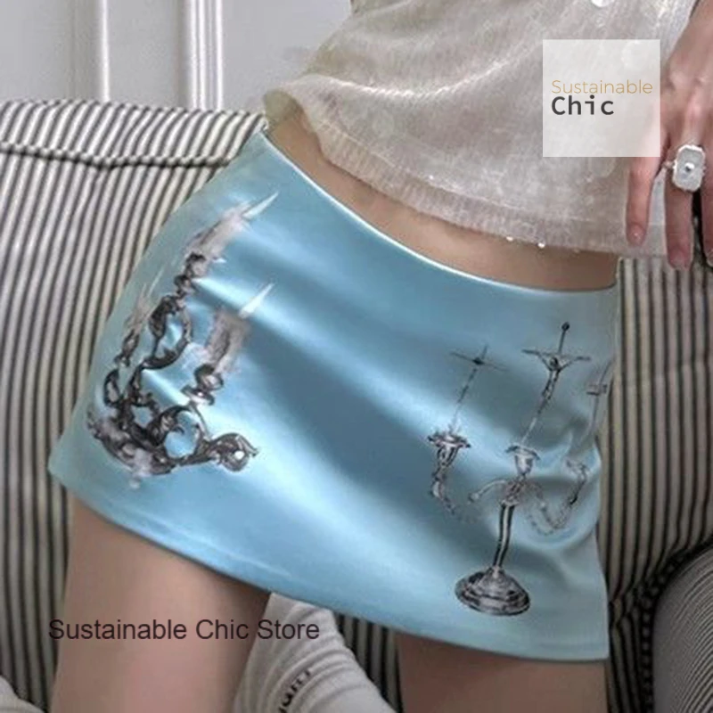 French Fashion Pearl Blue Candlestick Printing Spice Girl Niche High Sense A Word Skirt Female Summer New Temperament Skirt.