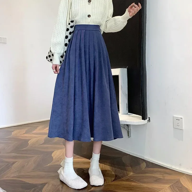 Women's Vintage Pleated Skirt High Waist Korean Fashion College Long Goth Skirt Ladies Autumn Casual A line Girls Y2K Skirt