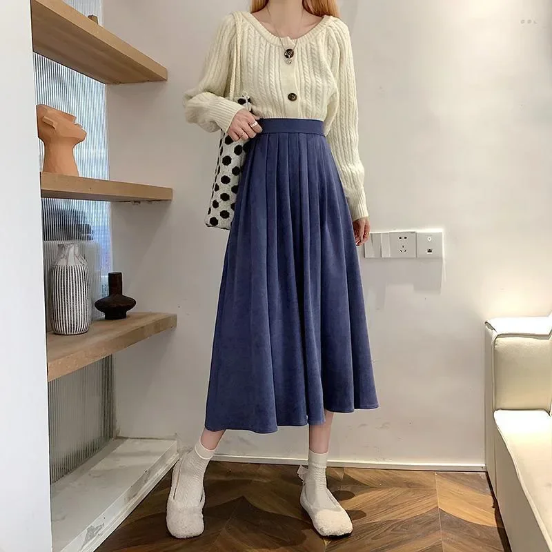 Women's Vintage Pleated Skirt High Waist Korean Fashion College Long Goth Skirt Ladies Autumn Casual A line Girls Y2K Skirt