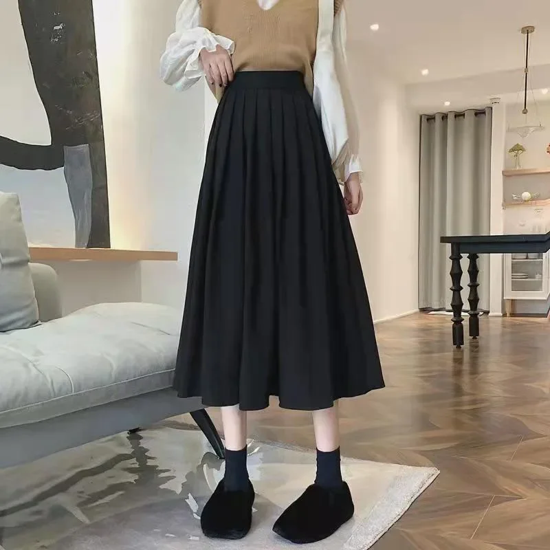 Women's Vintage Pleated Skirt High Waist Korean Fashion College Long Goth Skirt Ladies Autumn Casual A line Girls Y2K Skirt