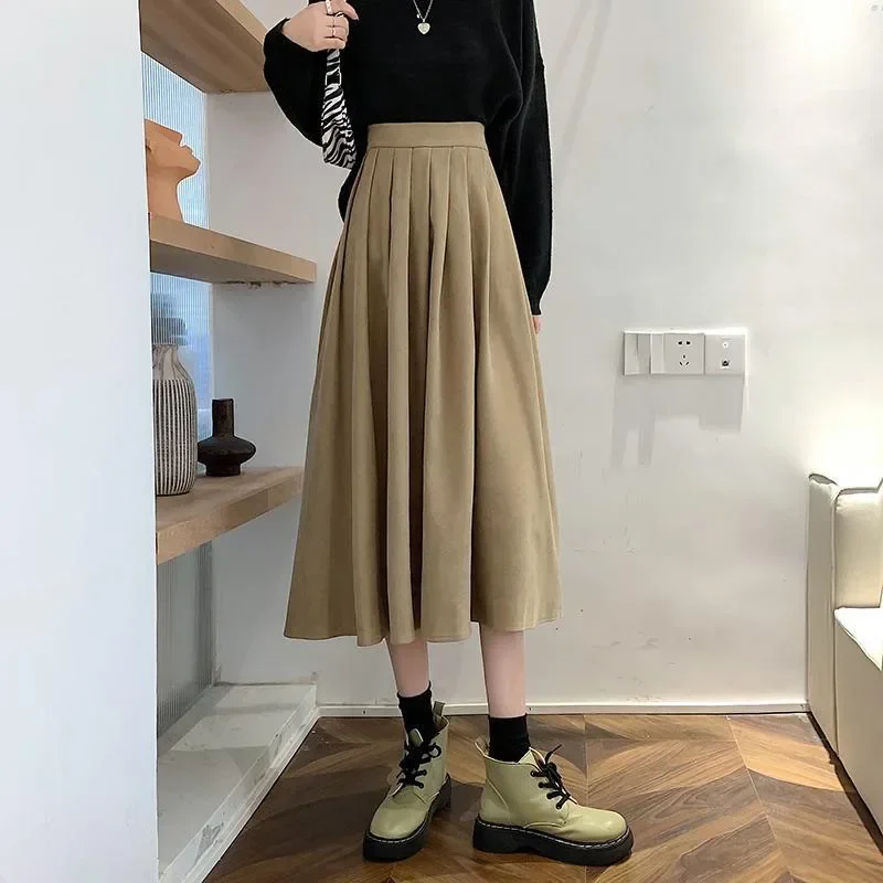 Women's Vintage Pleated Skirt High Waist Korean Fashion College Long Goth Skirt Ladies Autumn Casual A line Girls Y2K Skirt