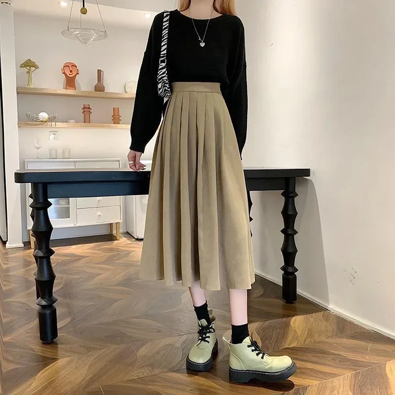 Women's Vintage Pleated Skirt High Waist Korean Fashion College Long Goth Skirt Ladies Autumn Casual A line Girls Y2K Skirt