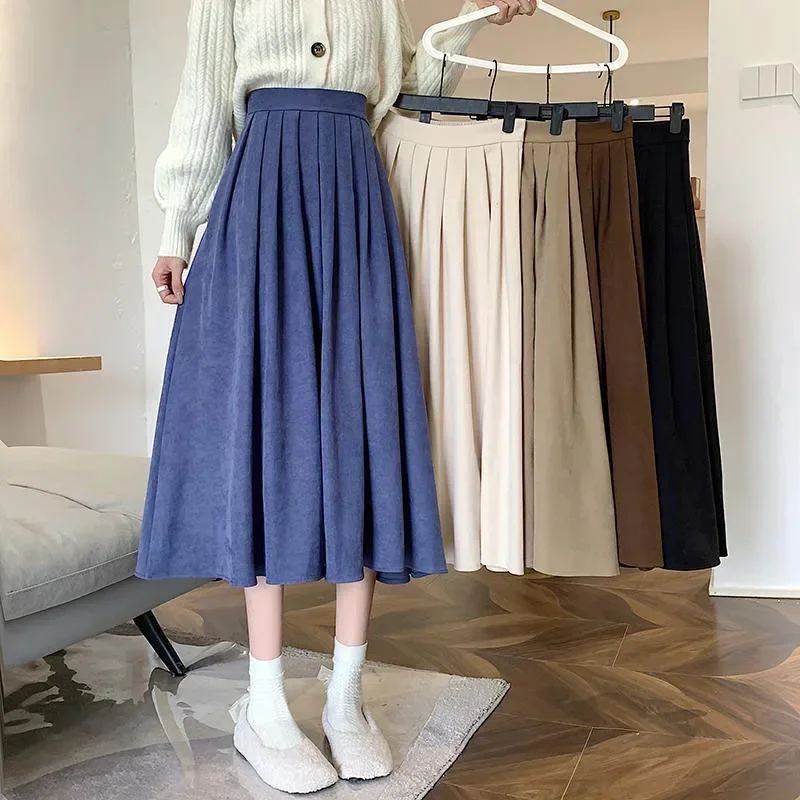 Women's Vintage Pleated Skirt High Waist Korean Fashion College Long Goth Skirt Ladies Autumn Casual A line Girls Y2K Skirt