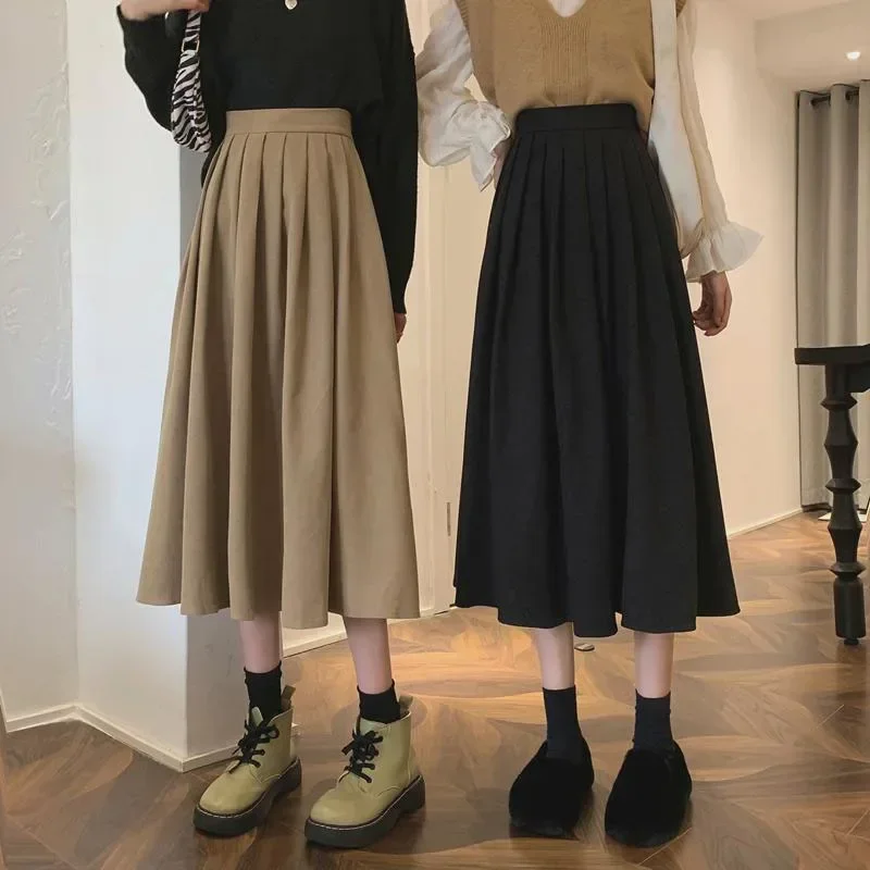 Women's Vintage Pleated Skirt High Waist Korean Fashion College Long Goth Skirt Ladies Autumn Casual A line Girls Y2K Skirt