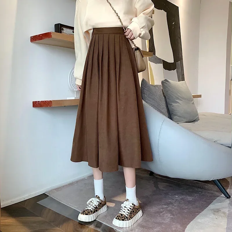 Women's Vintage Pleated Skirt High Waist Korean Fashion College Long Goth Skirt Ladies Autumn Casual A line Girls Y2K Skirt