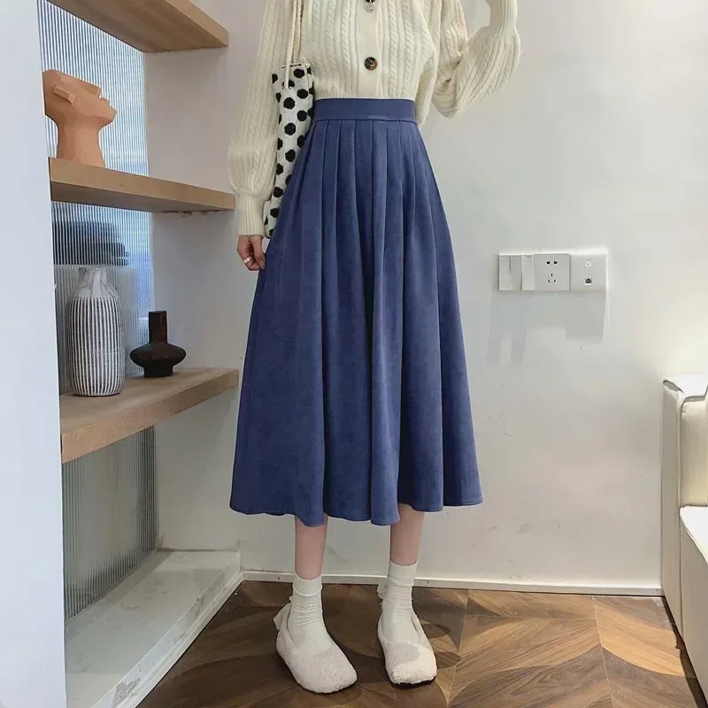 Women's Vintage Pleated Skirt High Waist Korean Fashion College Long Goth Skirt Ladies Autumn Casual A line Girls Y2K Skirt