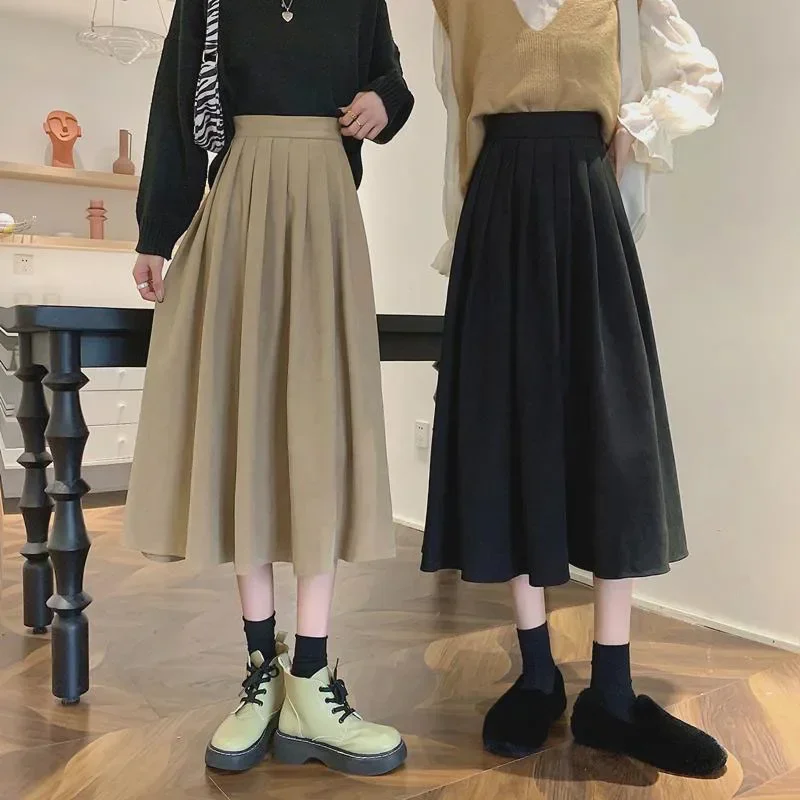 Women's Vintage Pleated Skirt High Waist Korean Fashion College Long Goth Skirt Ladies Autumn Casual A line Girls Y2K Skirt
