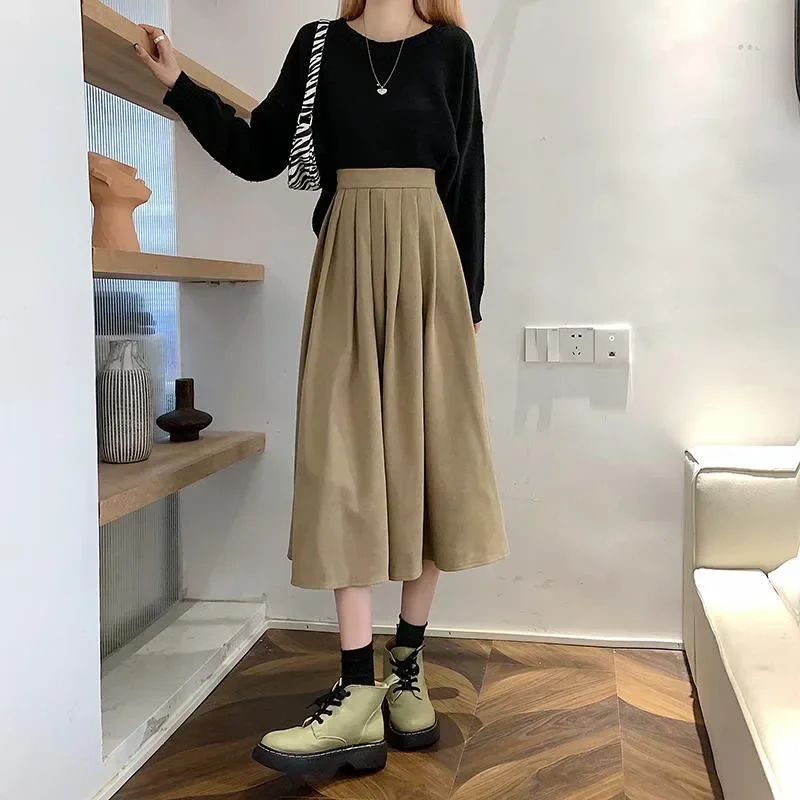 Women's Vintage Pleated Skirt High Waist Korean Fashion College Long Goth Skirt Ladies Autumn Casual A line Girls Y2K Skirt