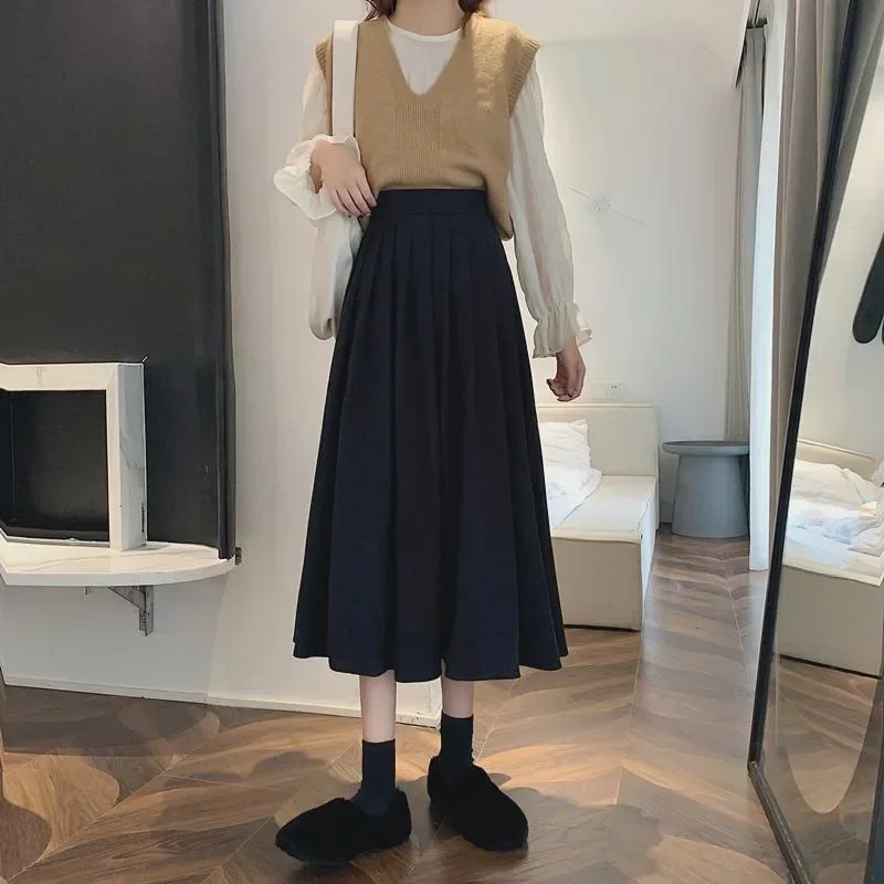 Women's Vintage Pleated Skirt High Waist Korean Fashion College Long Goth Skirt Ladies Autumn Casual A line Girls Y2K Skirt