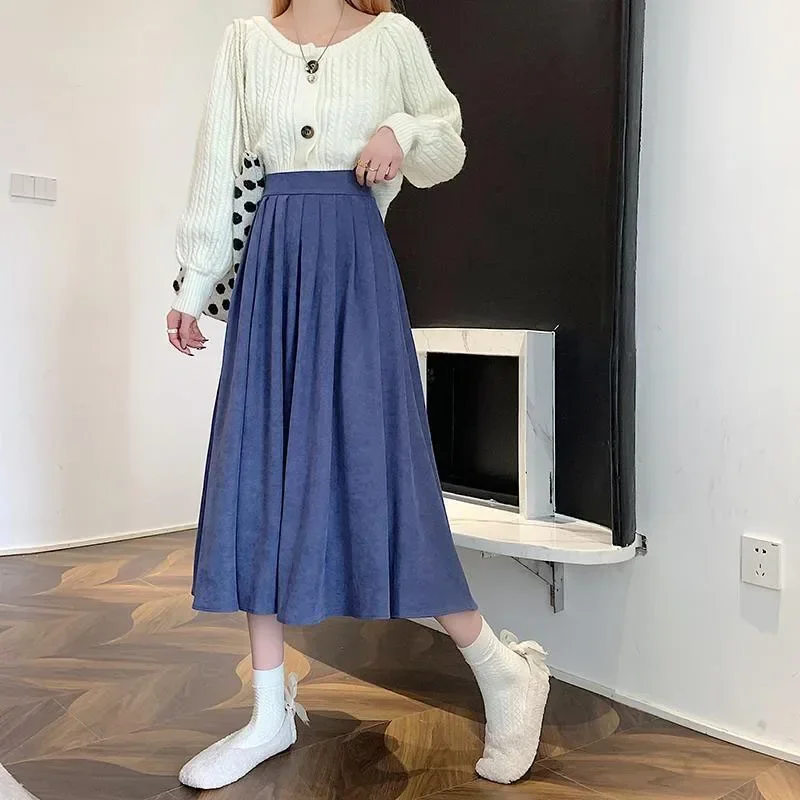 Women's Vintage Pleated Skirt High Waist Korean Fashion College Long Goth Skirt Ladies Autumn Casual A line Girls Y2K Skirt