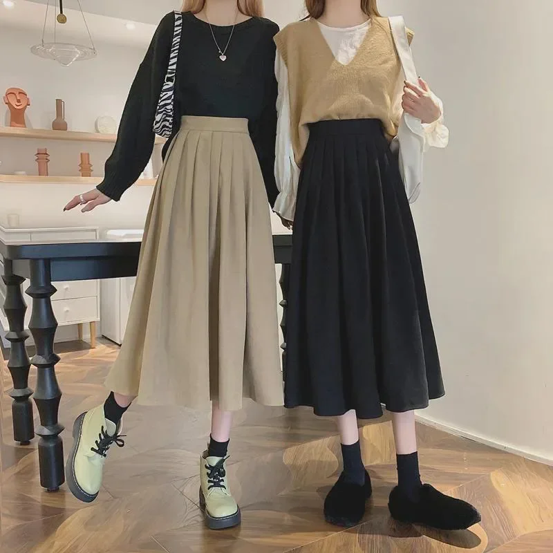 Women's Vintage Pleated Skirt High Waist Korean Fashion College Long Goth Skirt Ladies Autumn Casual A line Girls Y2K Skirt