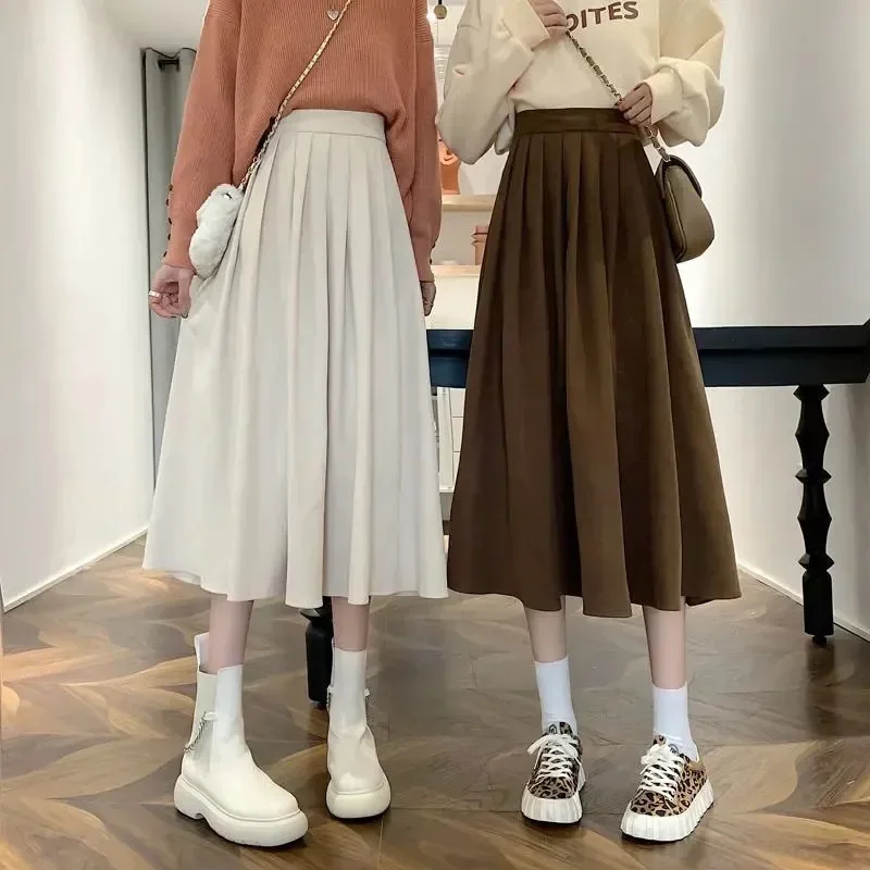Women's Vintage Pleated Skirt High Waist Korean Fashion College Long Goth Skirt Ladies Autumn Casual A line Girls Y2K Skirt