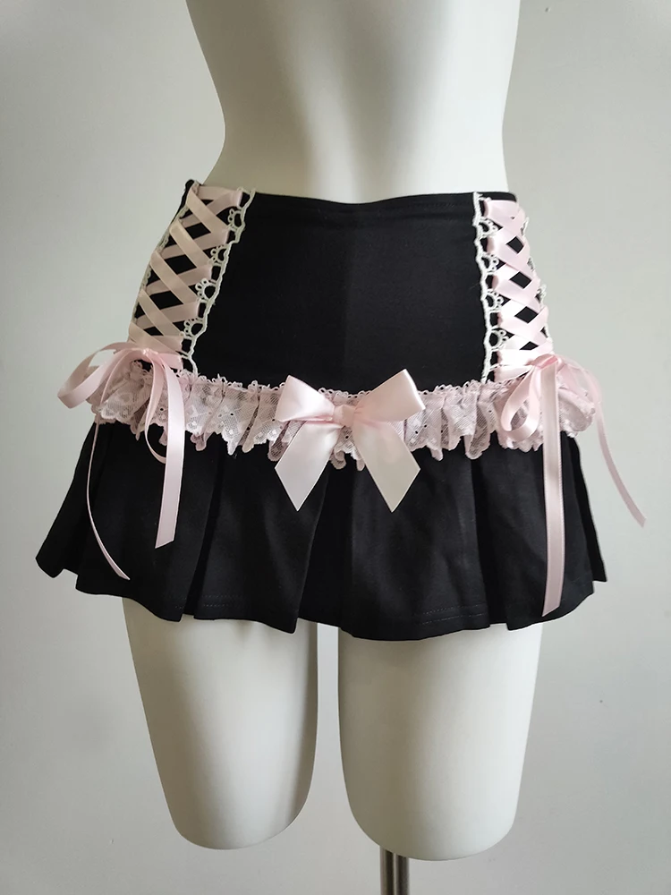 Cute Pleated Skirts for Sweet Girls High Waist Lace Trim Pink Bow Lolita Style A-line Mini Shorts Skirt Summer