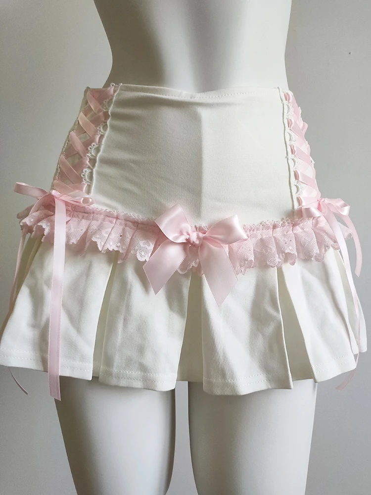 Cute Pleated Skirts for Sweet Girls High Waist Lace Trim Pink Bow Lolita Style A-line Mini Shorts Skirt Summer
