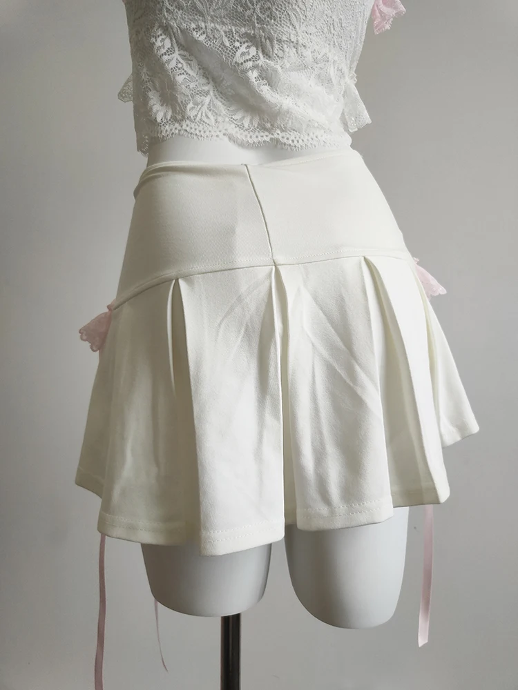 Cute Pleated Skirts for Sweet Girls High Waist Lace Trim Pink Bow Lolita Style A-line Mini Shorts Skirt Summer