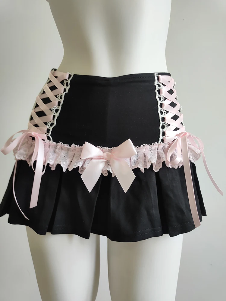 Cute Pleated Skirts for Sweet Girls High Waist Lace Trim Pink Bow Lolita Style A-line Mini Shorts Skirt Summer