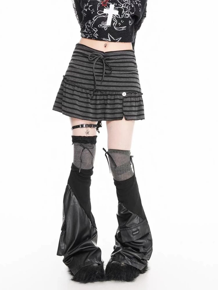 Deeptown Harajuku Striped Skirt Women Japanese Style Vintage Gothic Ruffle Mini Skirt Grunge Spicy Girl Punk Slim Short Skirts