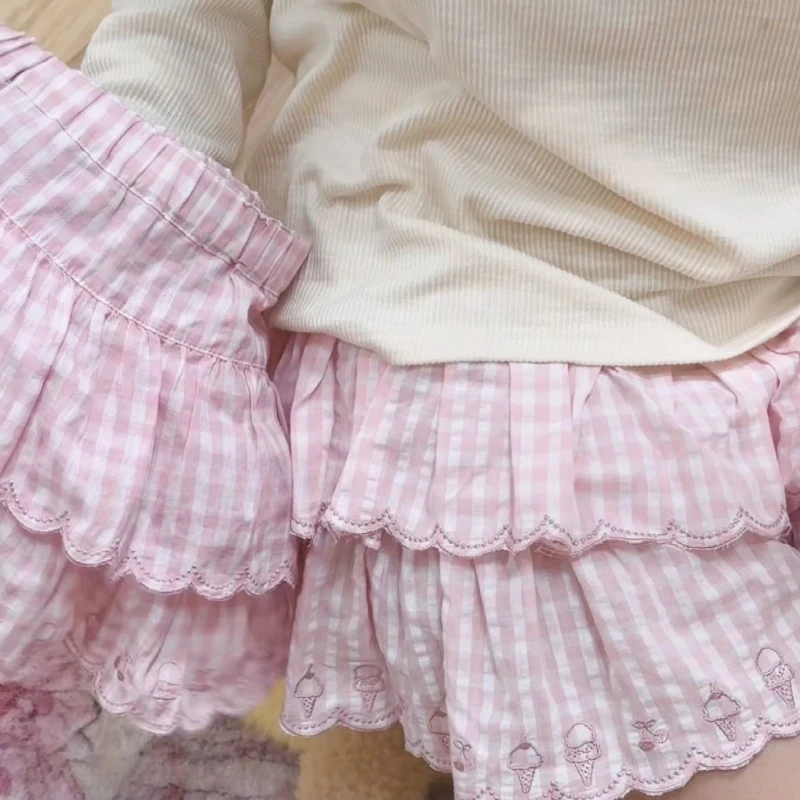 Deeptown Japanese Style Kawaii Mini Skirt Women Sweet Harajuku Lolita Plaid Skirts Pink Y2k Cutecore Summer A-line Ruffle Skirts