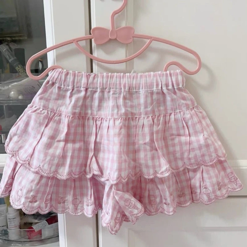 Deeptown Japanese Style Kawaii Mini Skirt Women Sweet Harajuku Lolita Plaid Skirts Pink Y2k Cutecore Summer A-line Ruffle Skirts