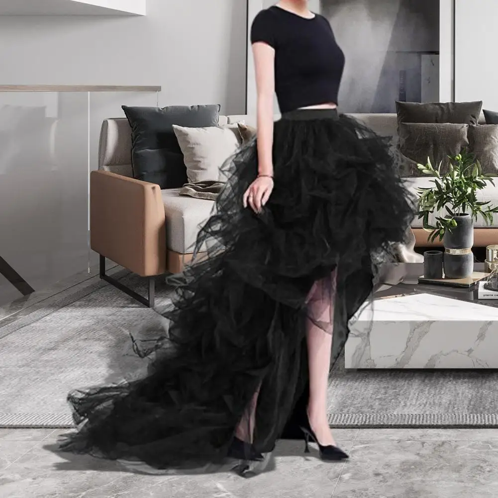 Solid Color Skirt Women Tulle Puffy High-Waist Elastic Waistband High-Low Hem Wedding Planning Gown Skirt Party Dress