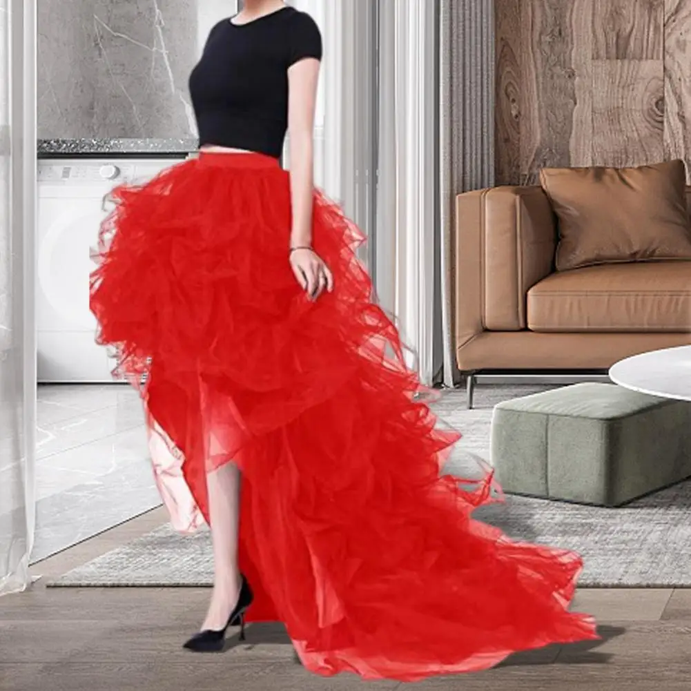 Solid Color Skirt Women Tulle Puffy High-Waist Elastic Waistband High-Low Hem Wedding Planning Gown Skirt Party Dress