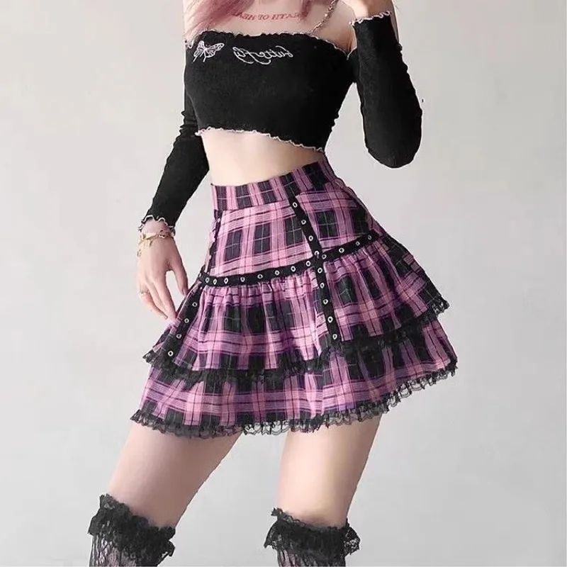 Punk Harajuku Hottie Vintage Plaid Skirts Women Y2k Japanese Sweet Lace Patchwork Short Skirt Female Summer Gothic Streetwear