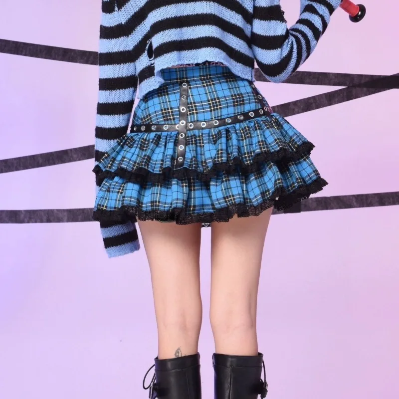 Punk Harajuku Hottie Vintage Plaid Skirts Women Y2k Japanese Sweet Lace Patchwork Short Skirt Female Summer Gothic Streetwear