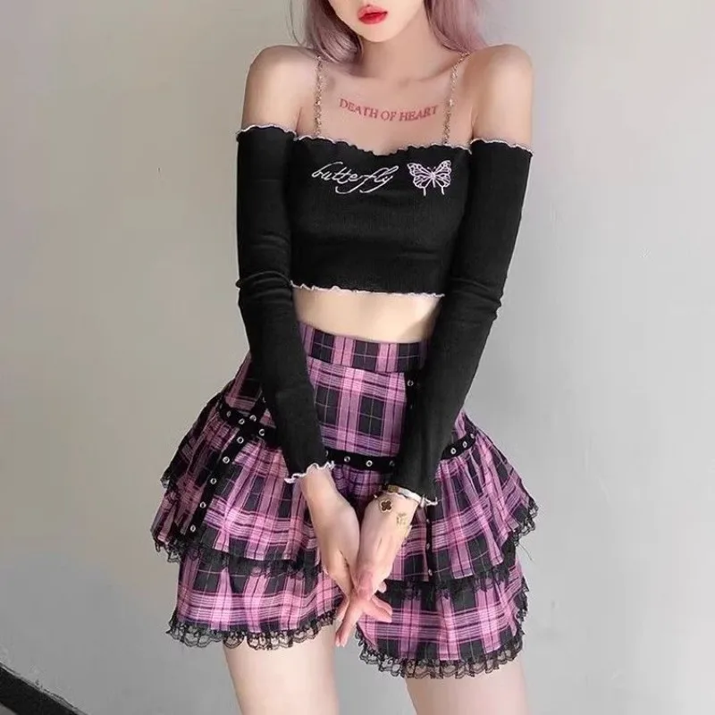 Punk Harajuku Hottie Vintage Plaid Skirts Women Y2k Japanese Sweet Lace Patchwork Short Skirt Female Summer Gothic Streetwear