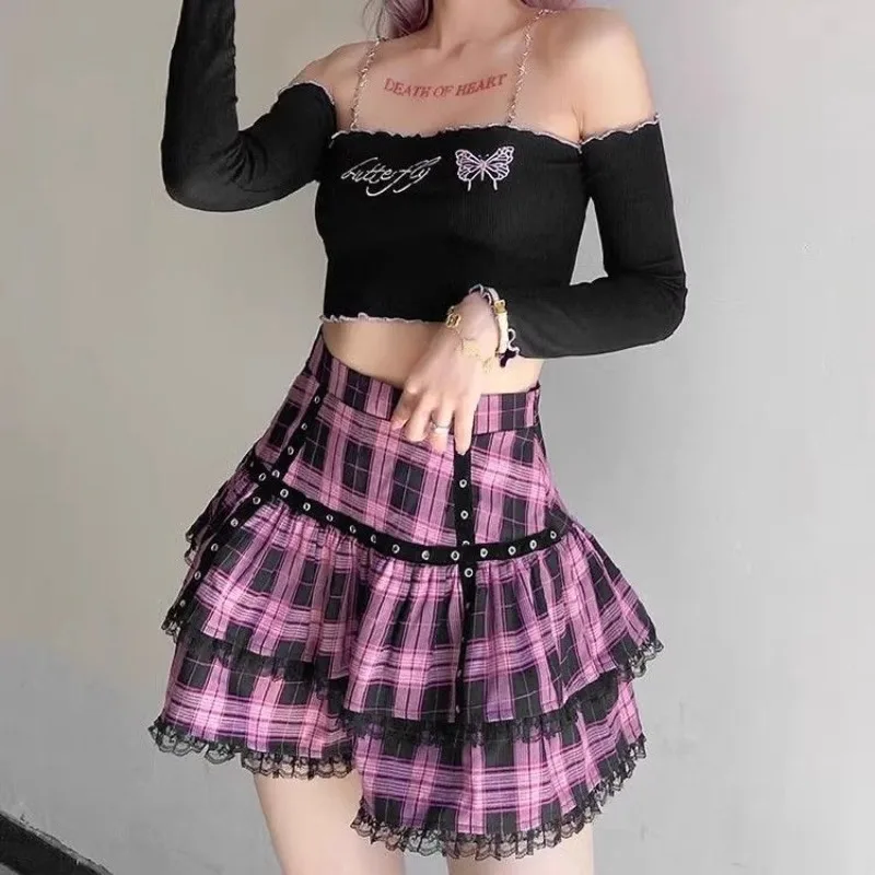 Punk Harajuku Hottie Vintage Plaid Skirts Women Y2k Japanese Sweet Lace Patchwork Short Skirt Female Summer Gothic Streetwear
