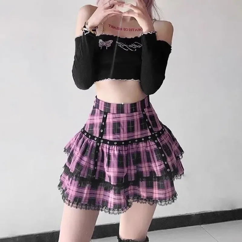 Punk Harajuku Hottie Vintage Plaid Skirts Women Y2k Japanese Sweet Lace Patchwork Short Skirt Female Summer Gothic Streetwear