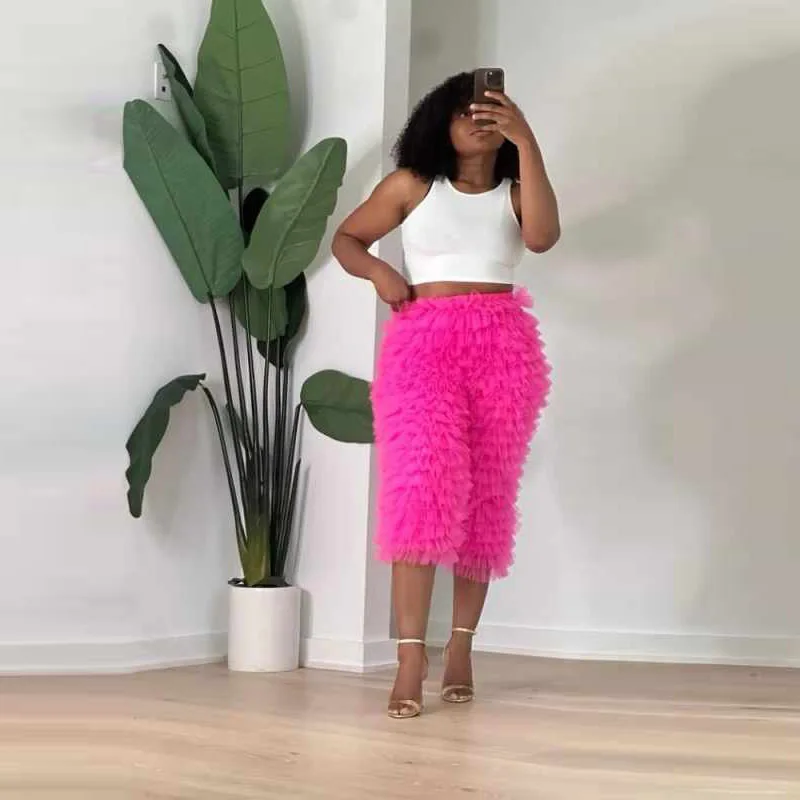 Pink Tulle Pants Women Tierred Ruffled Elastic Waistband Layered Lush Pants Mini Trousers Woman Fashion