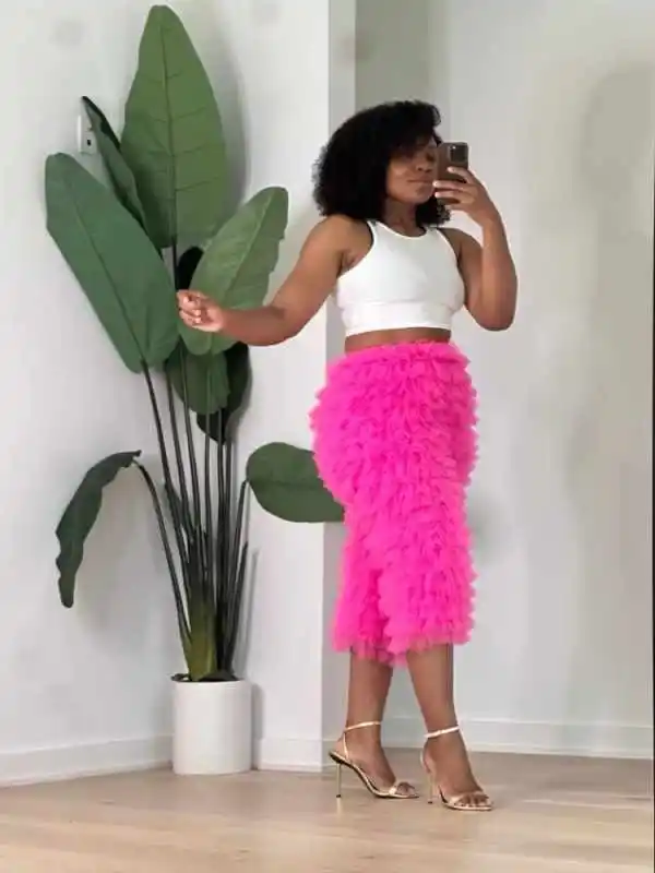 Pink Tulle Pants Women Tierred Ruffled Elastic Waistband Layered Lush Pants Mini Trousers Woman Fashion