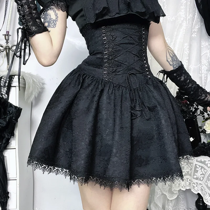 Goth Dark Fashion Girdling Waist Bandage Mini Skirts Mall Gothic Lace Patchwork Pleated Skirts for Women Teachwear Fairy Outfits