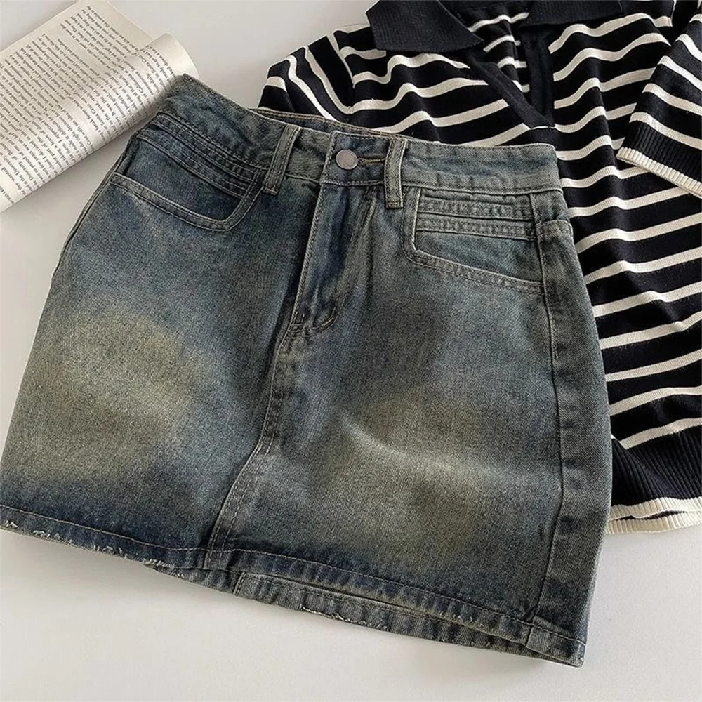 2024 Spring New Women High Belt Anti-exposure Short dress Retro Dark Fashion Solid color Short A Word Denim Skirt