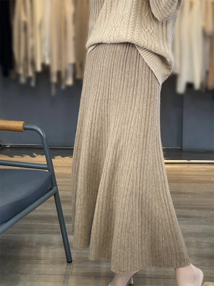 Grace Women's Wool Skirt Autumn Winter 100% Merino Wool Knitted Long Pleated Skirts High Waist A-Line Cashmere Comfortable Dress