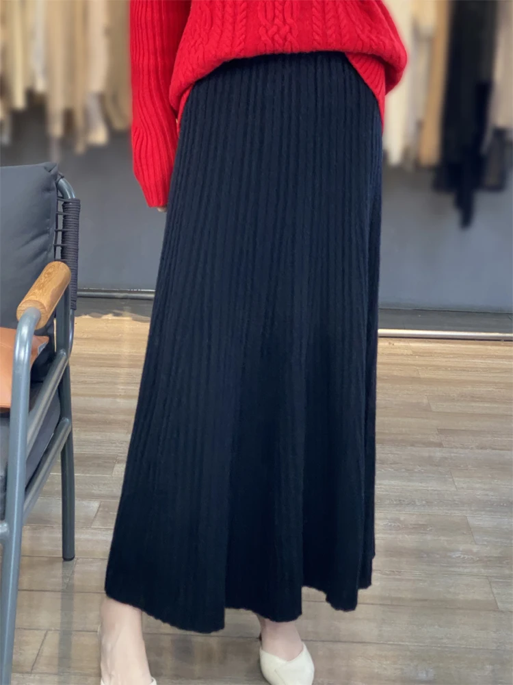 Grace Women's Wool Skirt Autumn Winter 100% Merino Wool Knitted Long Pleated Skirts High Waist A-Line Cashmere Comfortable Dress