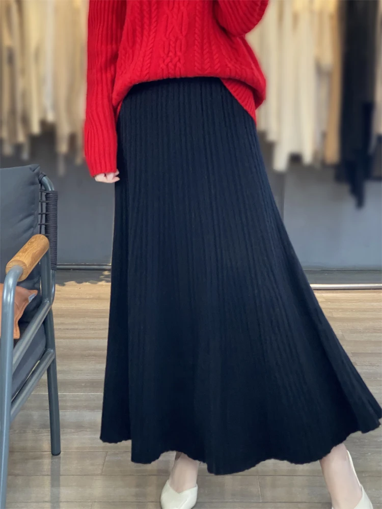 Grace Women's Wool Skirt Autumn Winter 100% Merino Wool Knitted Long Pleated Skirts High Waist A-Line Cashmere Comfortable Dress