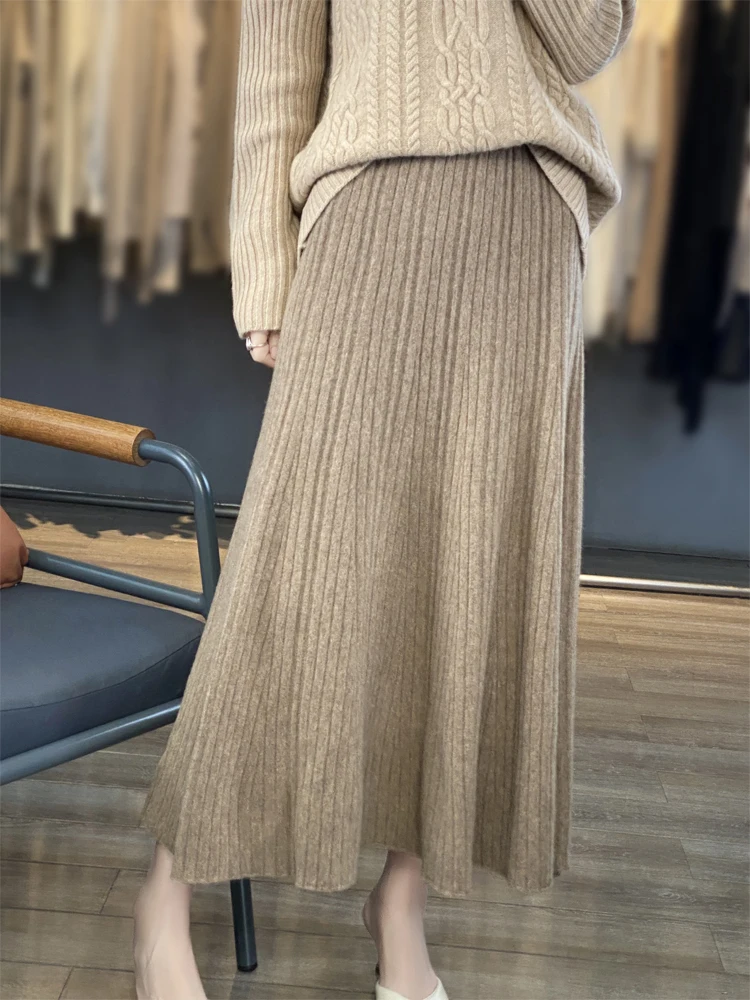 Grace Women's Wool Skirt Autumn Winter 100% Merino Wool Knitted Long Pleated Skirts High Waist A-Line Cashmere Comfortable Dress