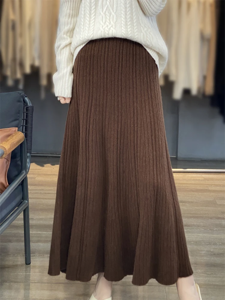 Grace Women's Wool Skirt Autumn Winter 100% Merino Wool Knitted Long Pleated Skirts High Waist A-Line Cashmere Comfortable Dress