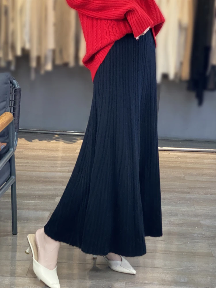 Grace Women's Wool Skirt Autumn Winter 100% Merino Wool Knitted Long Pleated Skirts High Waist A-Line Cashmere Comfortable Dress