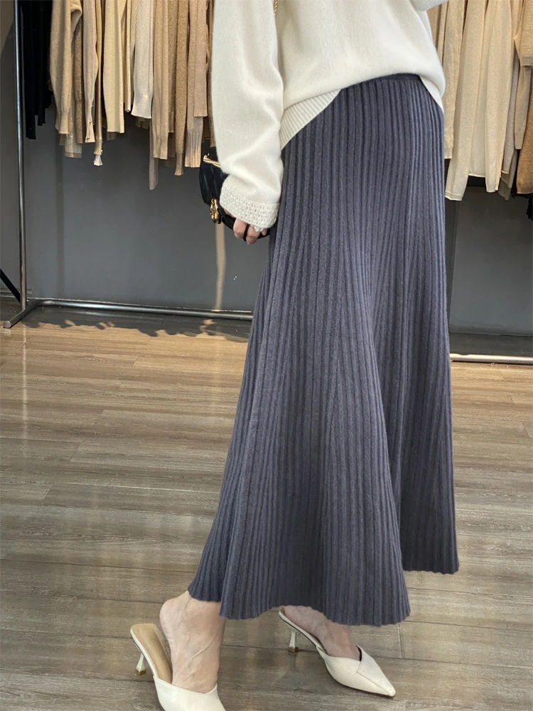Grace Women's Wool Skirt Autumn Winter 100% Merino Wool Knitted Long Pleated Skirts High Waist A-Line Cashmere Comfortable Dress