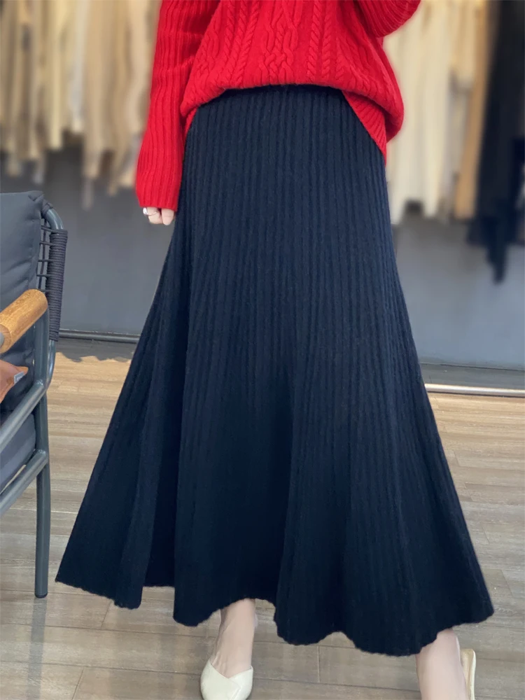 Grace Women's Wool Skirt Autumn Winter 100% Merino Wool Knitted Long Pleated Skirts High Waist A-Line Cashmere Comfortable Dress