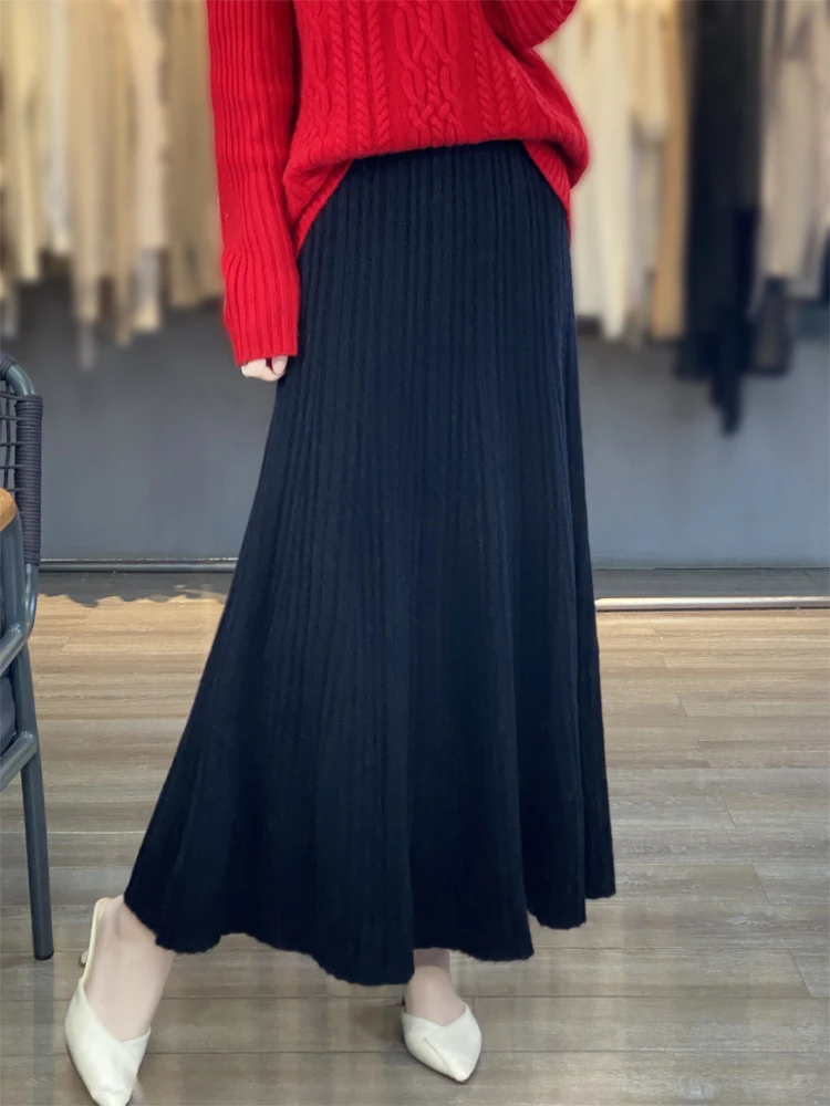 Grace Women's Wool Skirt Autumn Winter 100% Merino Wool Knitted Long Pleated Skirts High Waist A-Line Cashmere Comfortable Dress