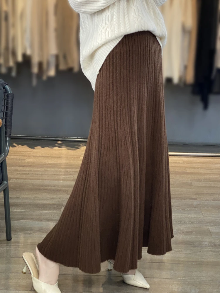 Grace Women's Wool Skirt Autumn Winter 100% Merino Wool Knitted Long Pleated Skirts High Waist A-Line Cashmere Comfortable Dress