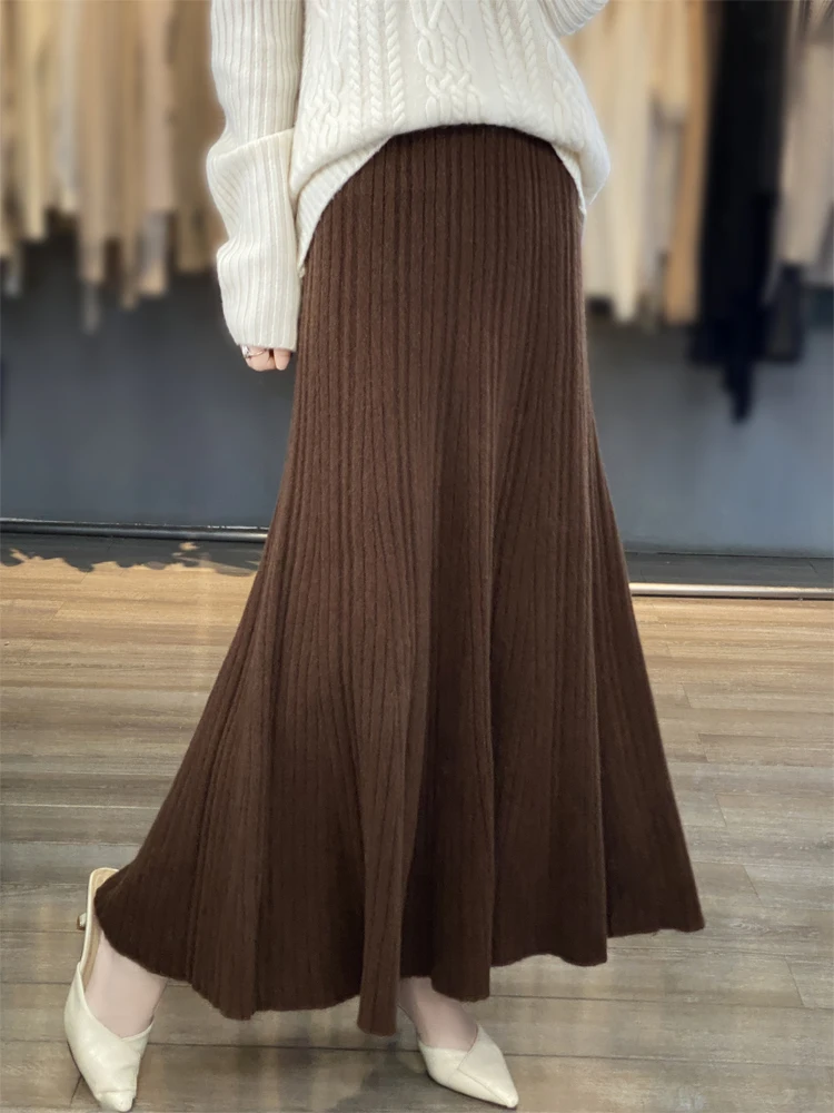 Grace Women's Wool Skirt Autumn Winter 100% Merino Wool Knitted Long Pleated Skirts High Waist A-Line Cashmere Comfortable Dress