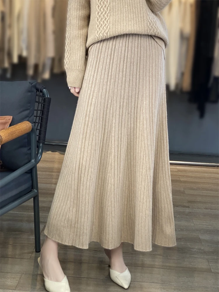 Grace Women's Wool Skirt Autumn Winter 100% Merino Wool Knitted Long Pleated Skirts High Waist A-Line Cashmere Comfortable Dress