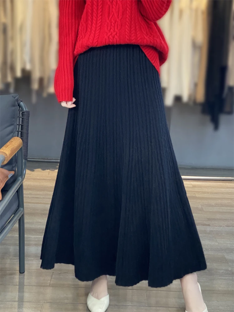 Grace Women's Wool Skirt Autumn Winter 100% Merino Wool Knitted Long Pleated Skirts High Waist A-Line Cashmere Comfortable Dress